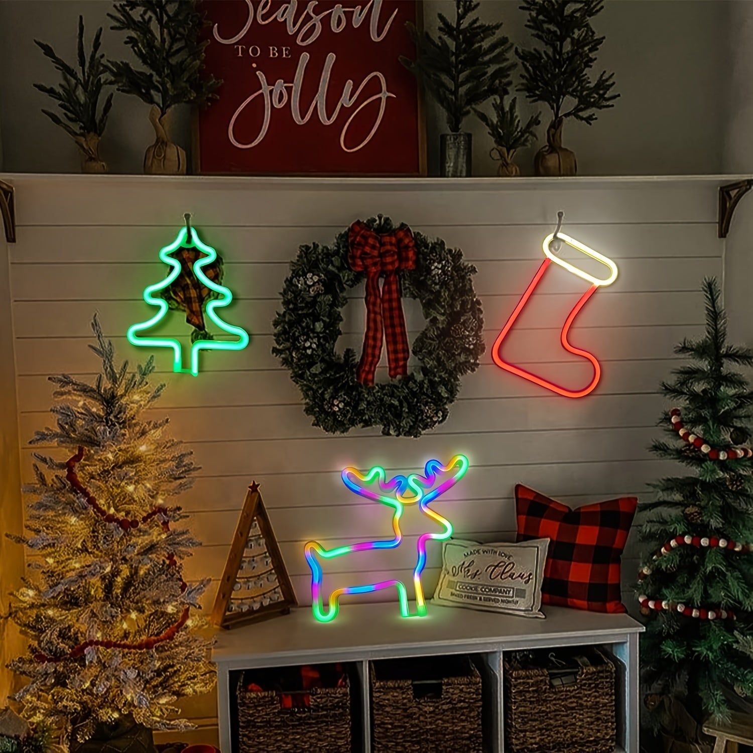 Christmas LED Neon Sign – Tree, Reindeer & Stocking Shapes, USB/Battery Powered, Festive Room Décor & Gift