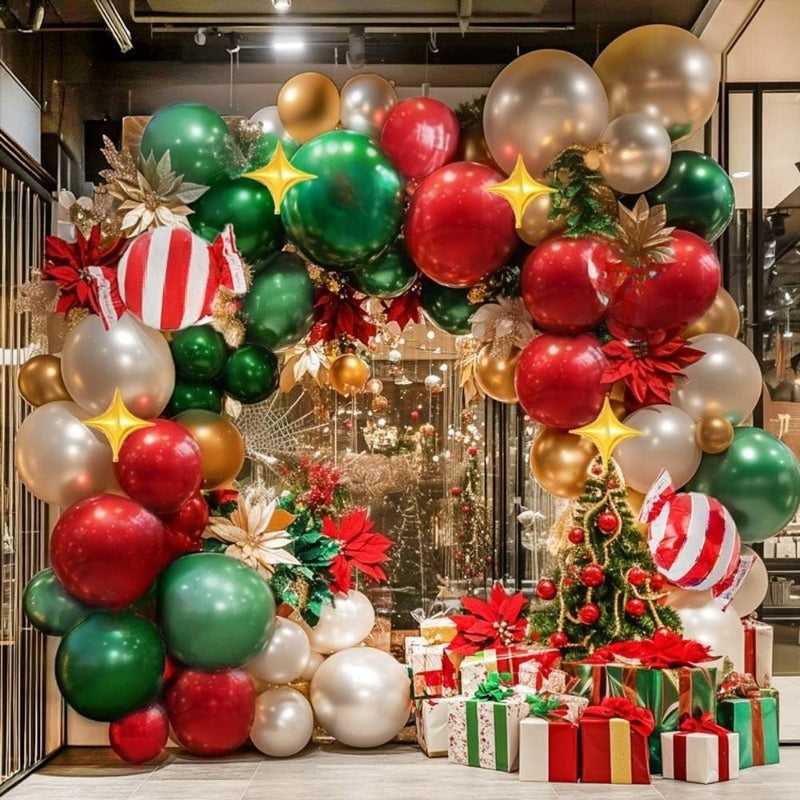 91pcs Christmas Balloon Garland & Banner Kit – Red, Green & Gold Party Decorations with Star & Snowflake Design, Indoor/Outdoor