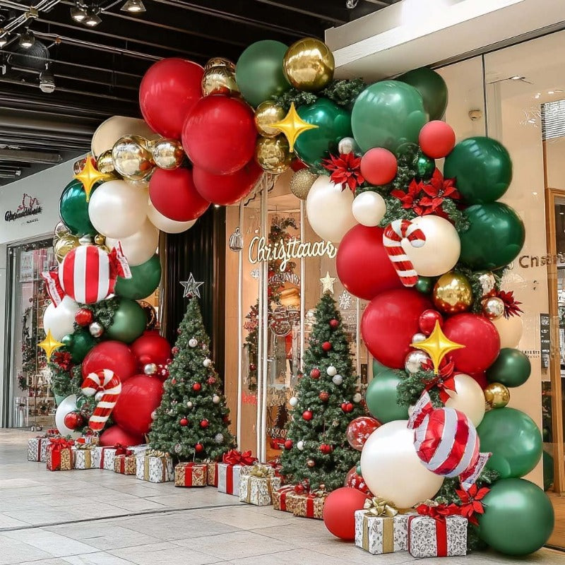 91pcs Christmas Balloon Garland & Banner Kit – Red, Green & Gold Party Decorations with Star & Snowflake Design, Indoor/Outdoor
