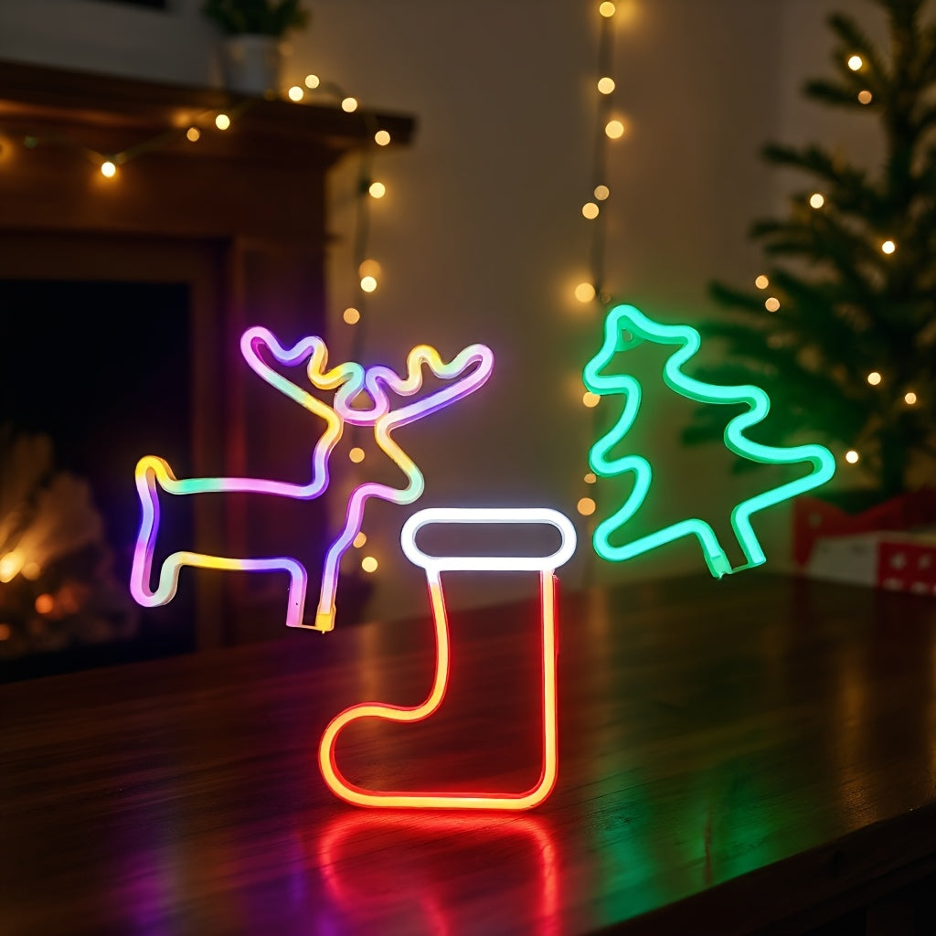 Christmas LED Neon Sign – Tree, Reindeer & Stocking Shapes, USB/Battery Powered, Festive Room Décor & Gift