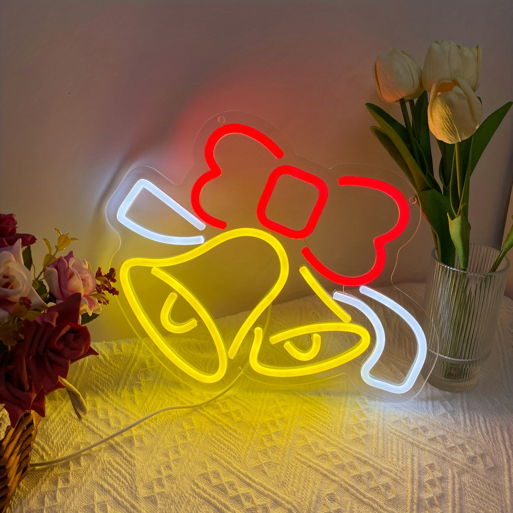 GOZYE Dimmable LED Jingle Bell Neon Sign – Wall-Mounted Christmas Decoration, Red & Yellow Glow, Home & Business