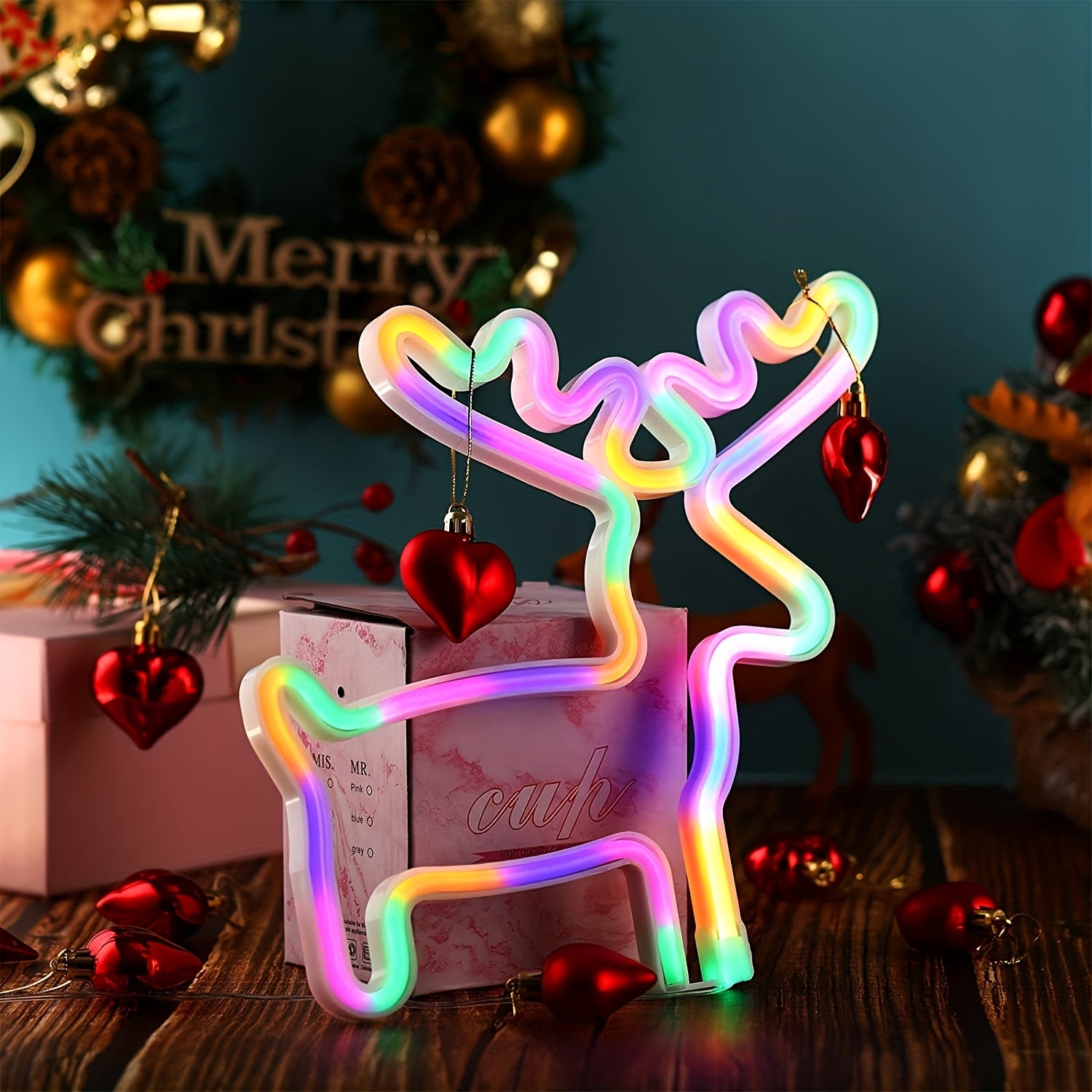 Christmas LED Neon Sign – Tree, Reindeer & Stocking Shapes, USB/Battery Powered, Festive Room Décor & Gift