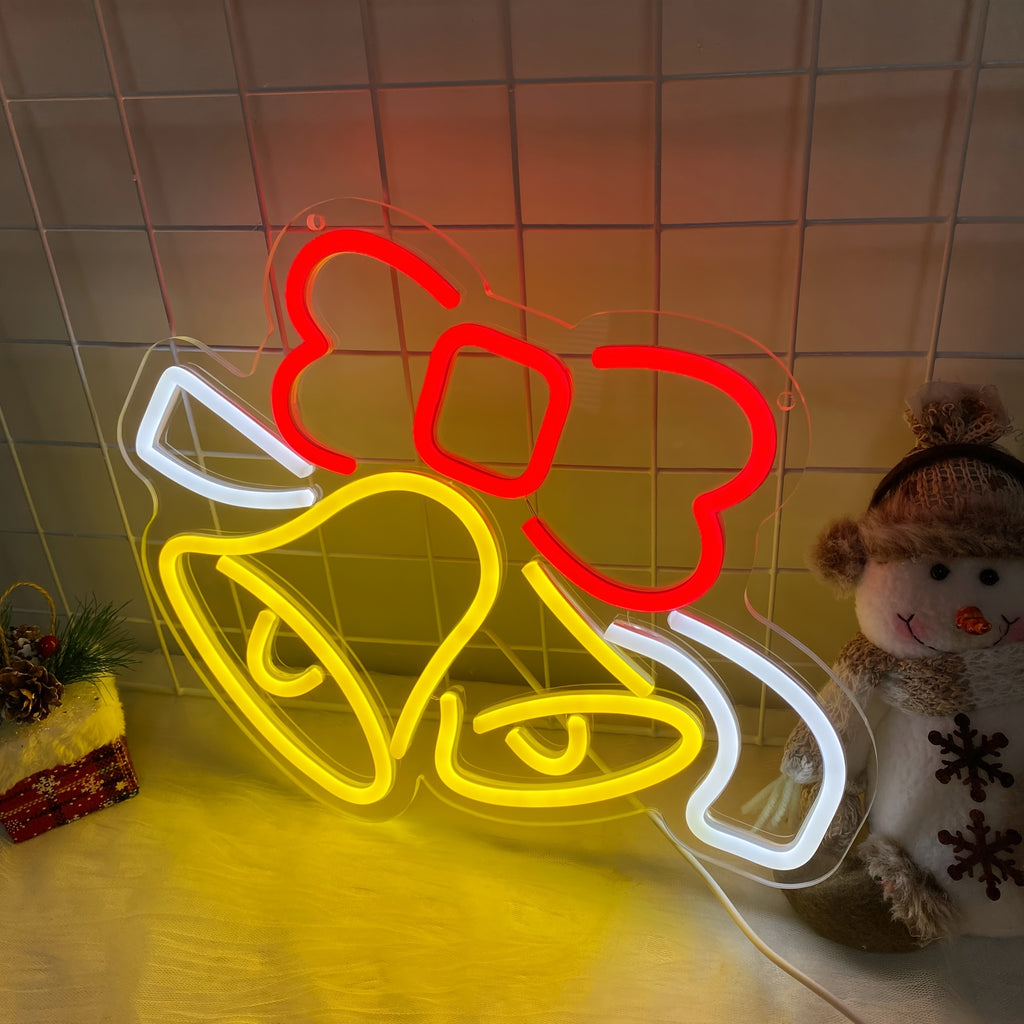 GOZYE Dimmable LED Jingle Bell Neon Sign – Wall-Mounted Christmas Decoration, Red & Yellow Glow, Home & Business