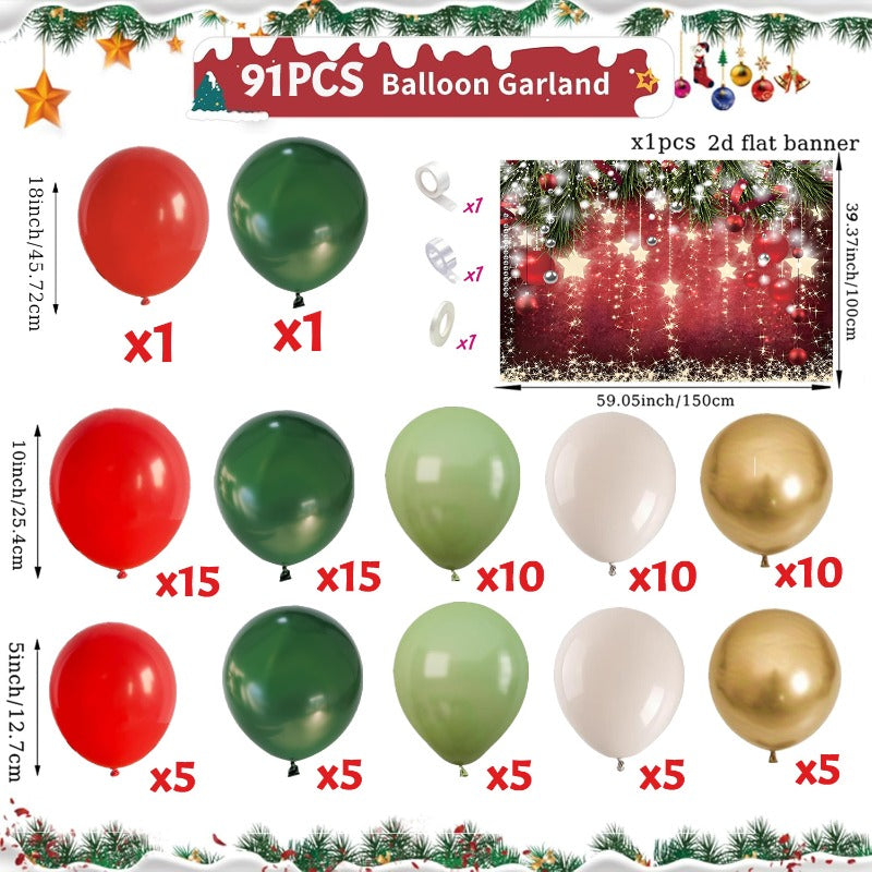 91pcs Christmas Balloon Garland & Banner Kit – Red, Green & Gold Party Decorations with Star & Snowflake Design, Indoor/Outdoor