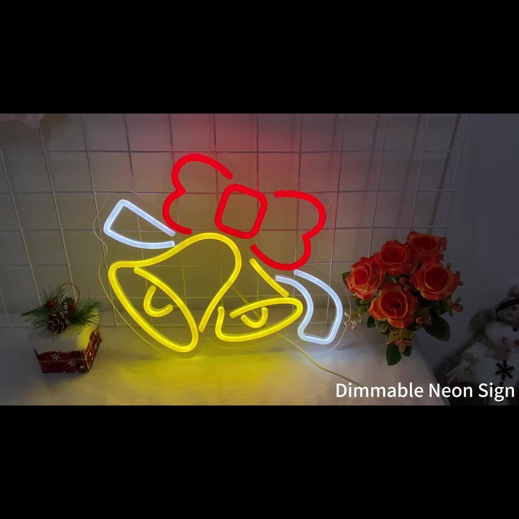 GOZYE Dimmable LED Jingle Bell Neon Sign – Wall-Mounted Christmas Decoration, Red & Yellow Glow, Home & Business