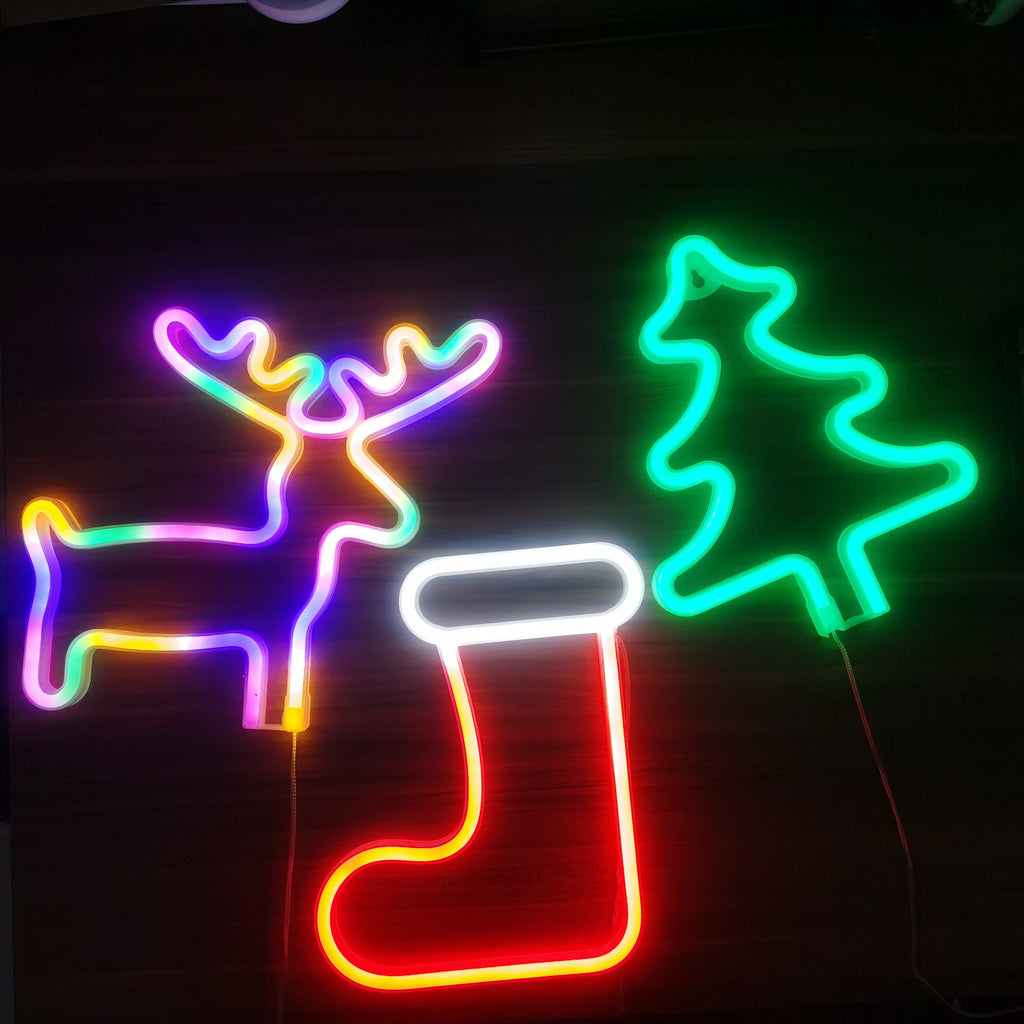 Christmas LED Neon Sign – Tree, Reindeer & Stocking Shapes, USB/Battery Powered, Festive Room Décor & Gift