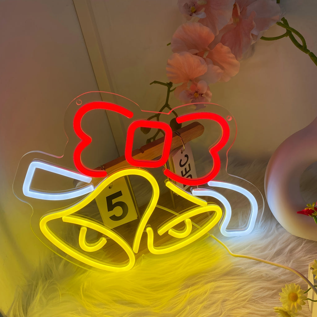GOZYE Dimmable LED Jingle Bell Neon Sign – Wall-Mounted Christmas Decoration, Red & Yellow Glow, Home & Business