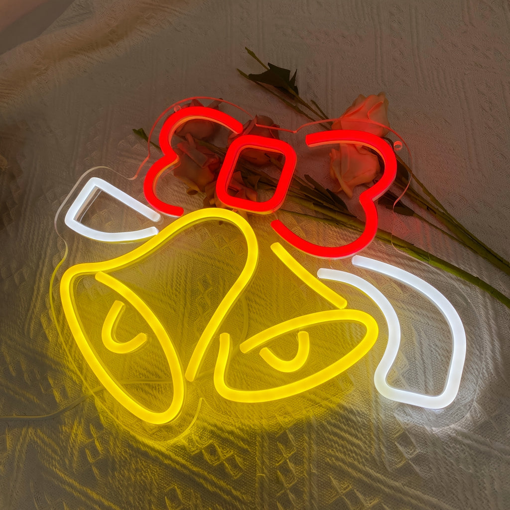 GOZYE Dimmable LED Jingle Bell Neon Sign – Wall-Mounted Christmas Decoration, Red & Yellow Glow, Home & Business