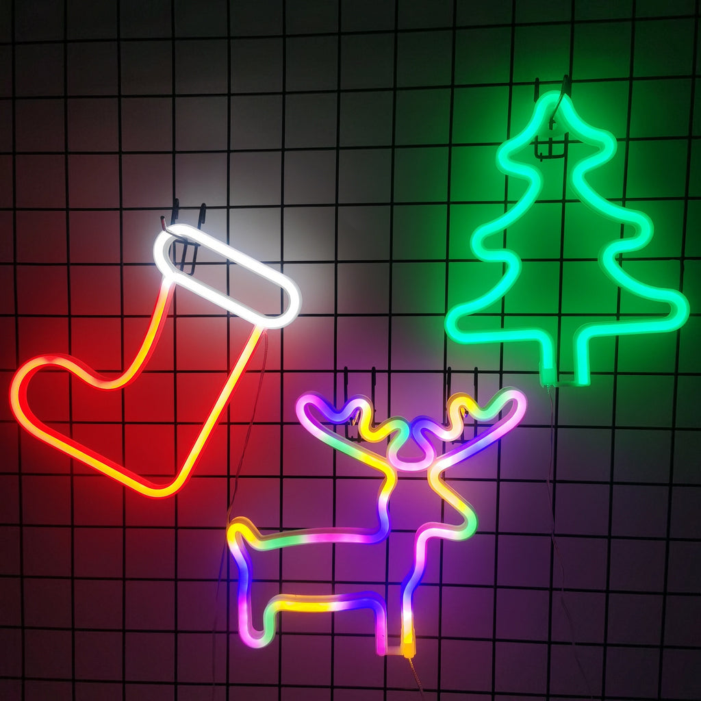Christmas LED Neon Sign – Tree, Reindeer & Stocking Shapes, USB/Battery Powered, Festive Room Décor & Gift