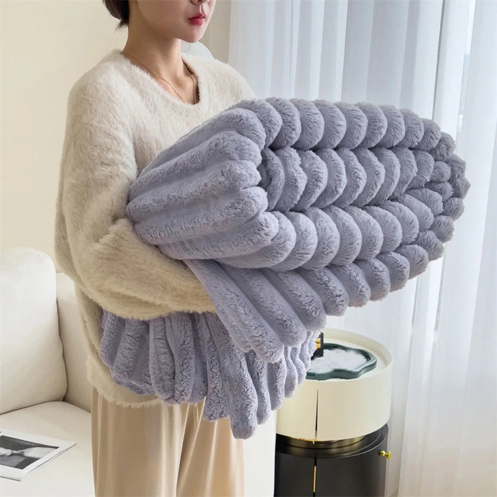New Ultra Soft Warm Blanket Skin-Friendly Double Sided Throw Blanket Warm Breathable Solid Color Plush Striped Blankets