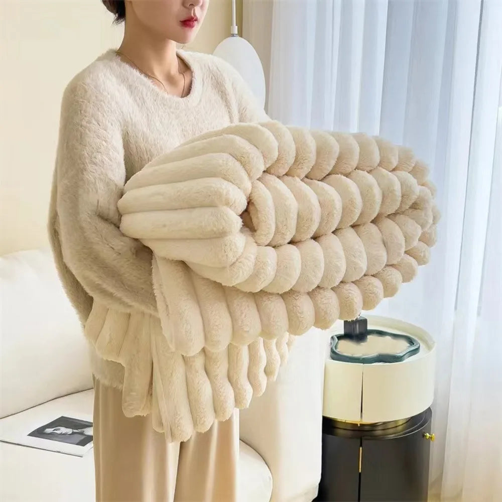 New Ultra Soft Warm Blanket Skin-Friendly Double Sided Throw Blanket Warm Breathable Solid Color Plush Striped Blankets