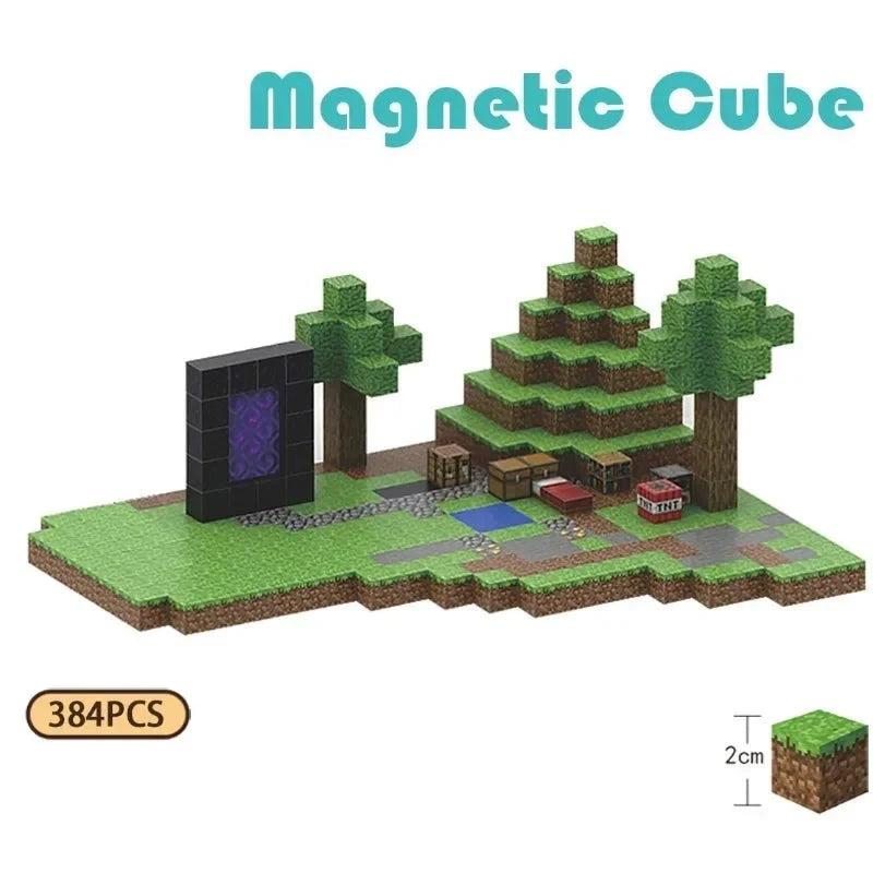 Magnetic cube set with trees, a house, and a portal Magnetic Building Blocks