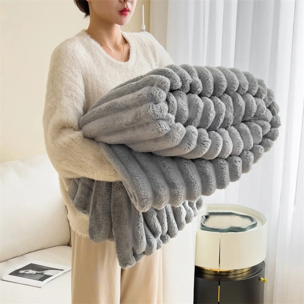 New Ultra Soft Warm Blanket Skin-Friendly Double Sided Throw Blanket Warm Breathable Solid Color Plush Striped Blankets