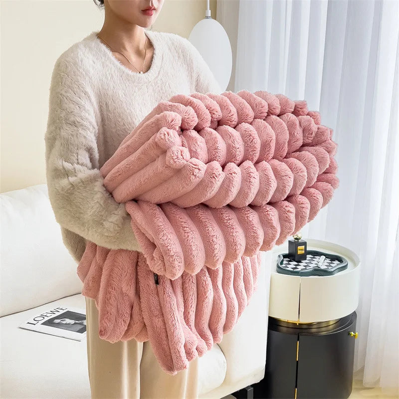 Light luxury Solid Color Multifunctional Rabbit Velvet Blanket Winter Thick Warm Flannel Blanket