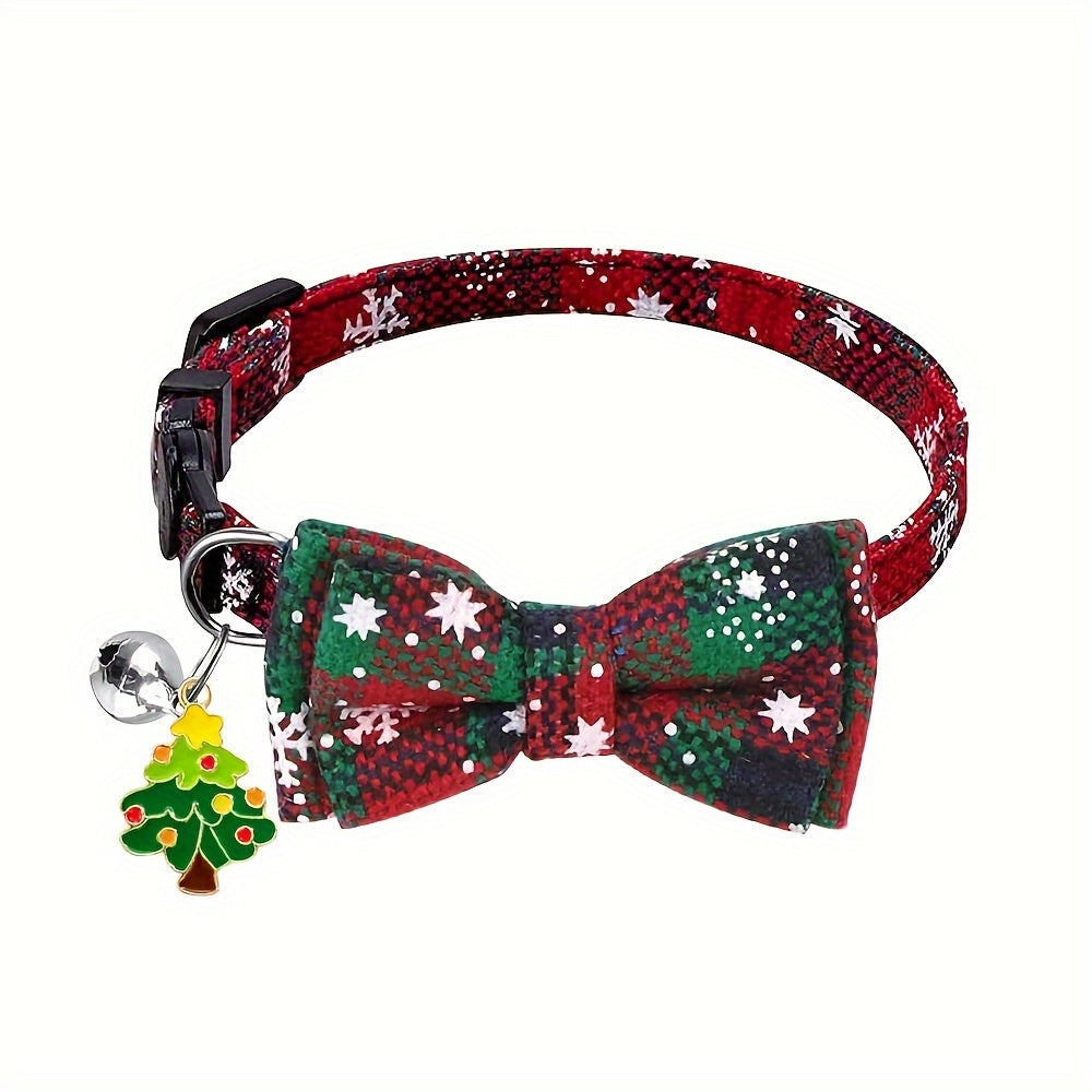 Festive Christmas Cat Collar – Adjustable Bow Tie with Bell, Snowflake Design, Holiday Pet Accessory