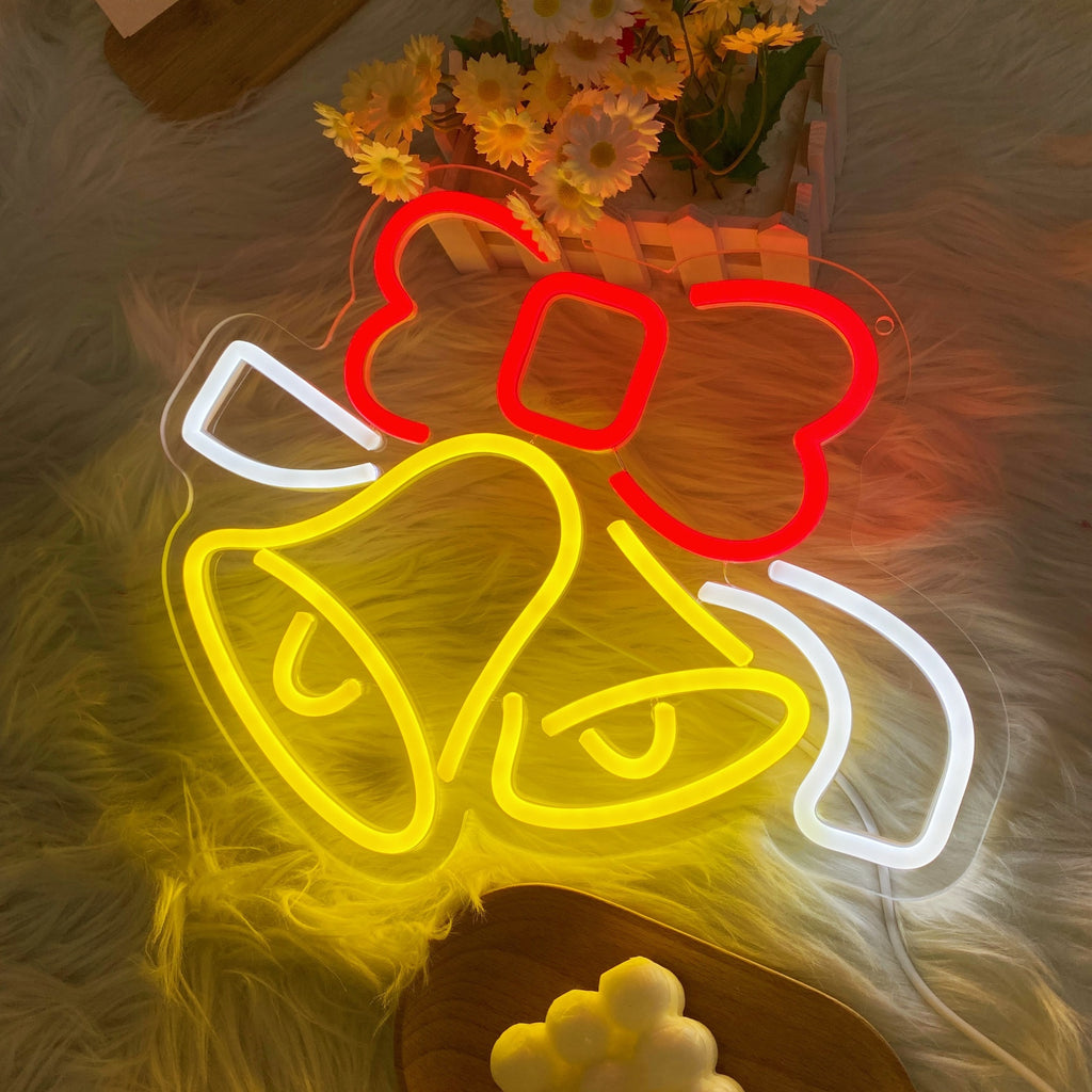 GOZYE Dimmable LED Jingle Bell Neon Sign – Wall-Mounted Christmas Decoration, Red & Yellow Glow, Home & Business
