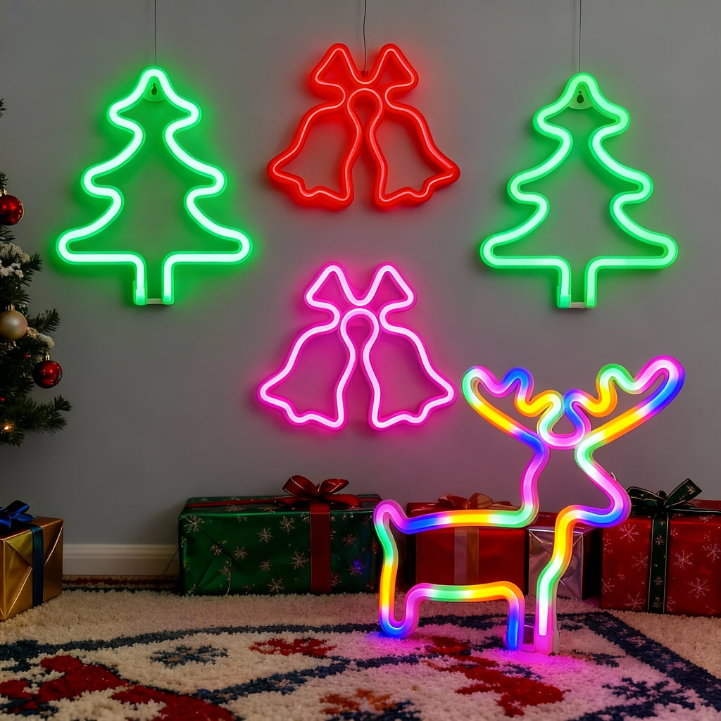 Christmas LED Neon Sign – Tree, Reindeer & Stocking Shapes, USB/Battery Powered, Festive Room Décor & Gift