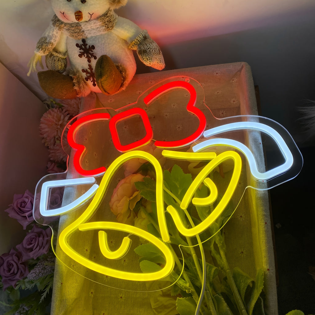 GOZYE Dimmable LED Jingle Bell Neon Sign – Wall-Mounted Christmas Decoration, Red & Yellow Glow, Home & Business