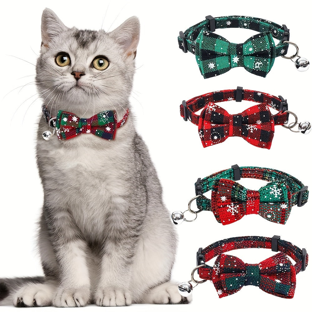 Festive Christmas Cat Collar – Adjustable Bow Tie with Bell, Snowflake Design, Holiday Pet Accessory