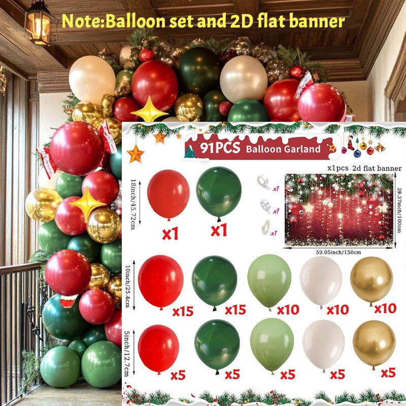91pcs Christmas Balloon Garland & Banner Kit – Red, Green & Gold Party Decorations with Star & Snowflake Design, Indoor/Outdoor