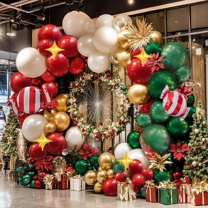 91pcs Christmas Balloon Garland & Banner Kit – Red, Green & Gold Party Decorations with Star & Snowflake Design, Indoor/Outdoor