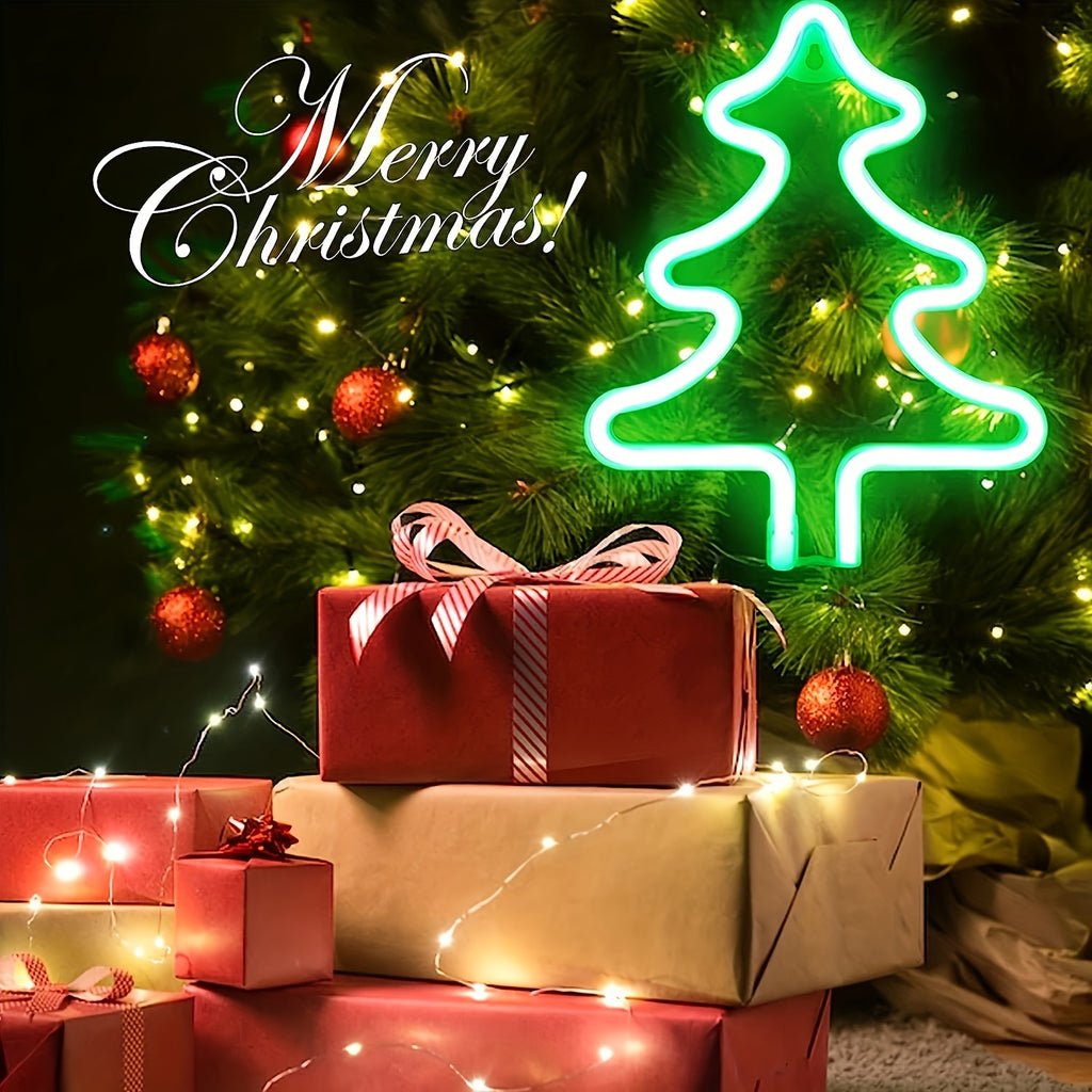 Christmas LED Neon Sign – Tree, Reindeer & Stocking Shapes, USB/Battery Powered, Festive Room Décor & Gift