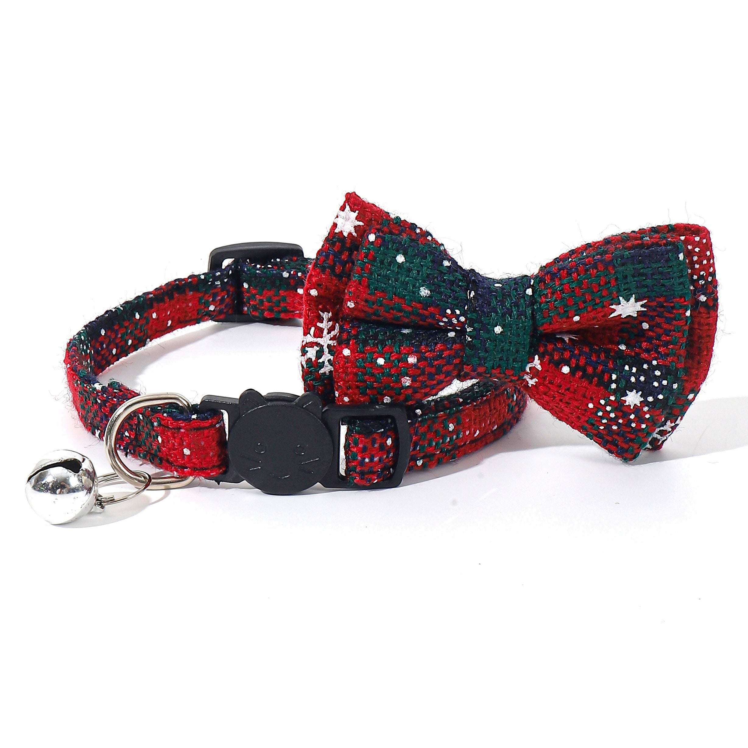 Festive Christmas Cat Collar – Adjustable Bow Tie with Bell, Snowflake Design, Holiday Pet Accessory
